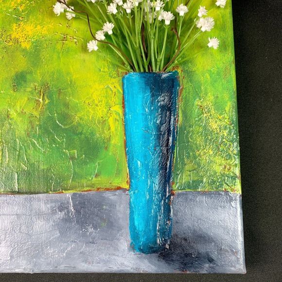 Original Art Floral Mixed Media Acrylic Painting Green Teal White Tall Vase - Picture 5 of 7